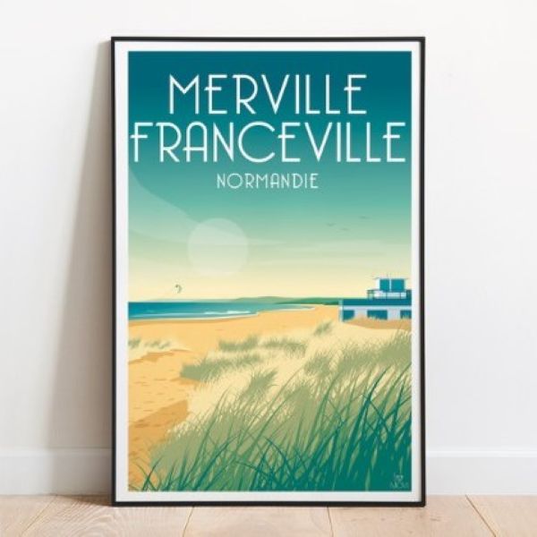 Affiche illustrée de Merville-Franceville-Plage par MOVI, décoration représentant la station balnéaire normande